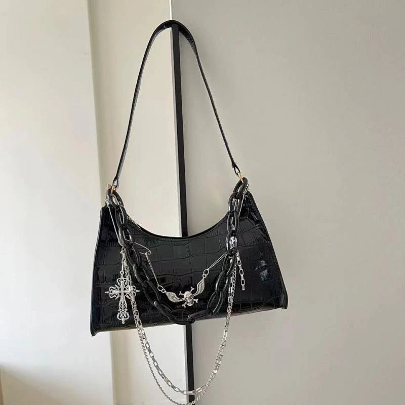 the VAMP GIRL - Retro Women's Underarm Bag, Trend Gothic Skull Chains Handbags and Purse, High Street Punk Cross Shoulder Bags