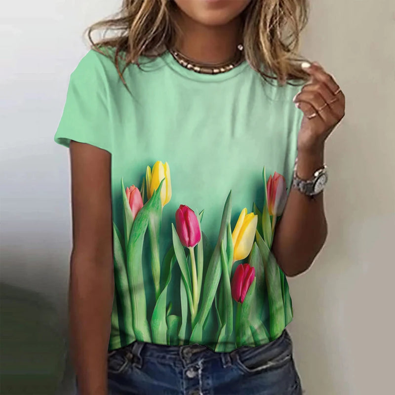 2024 Top Women Flower Printed Women's T-Shirt Oversized T-Shirt Popular Clothes Women Clothing Short Sleeve Tee Blouse