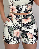 the SHORTY - Summer Women 2-Piece High Waist Hot Shorts Flower Printed Sleeveless V-Neck Sling Blouse Shorts Set
