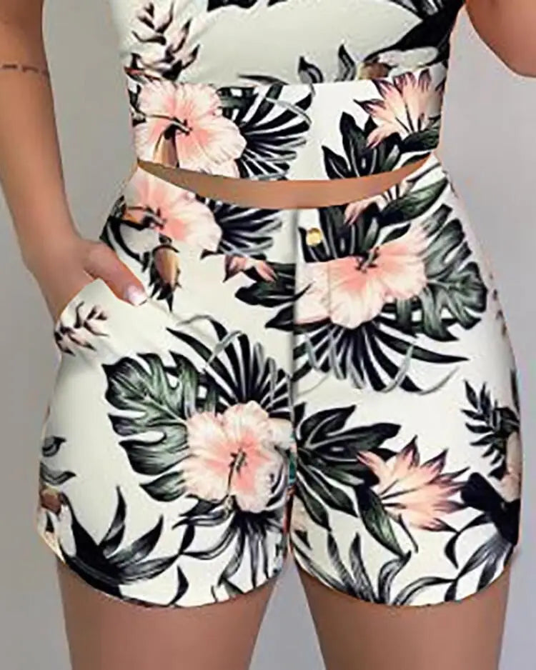 Women 2-piece Outfit Set Female High Waist Hot Shorts Pants Suit Summer Flower Printed Sleeveless V-neck Sling Blouse Shorts Set