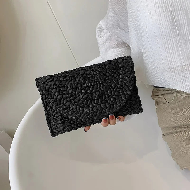 the LETTER BAG - Fashionable Corn Husk Straw Bags, Hand-Woven Women Clutch, Envelope Handbag Long Purse for Female, Summer Beach Bag