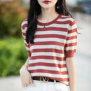 the CASHMERE - Sweater Short Sleeved Striped Sweater Pullover Knitted Cashmere Sweater for Women