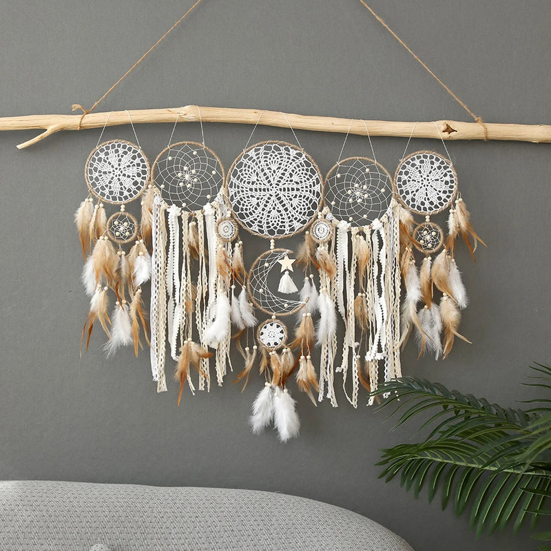 the DREAMLAND CATCHER - 5pcs Bohemian Dreamcatcher Set - Large Wall Hanging For Bedroom, Wedding, Christmas Decor - Pretty And Decorative Ornaments