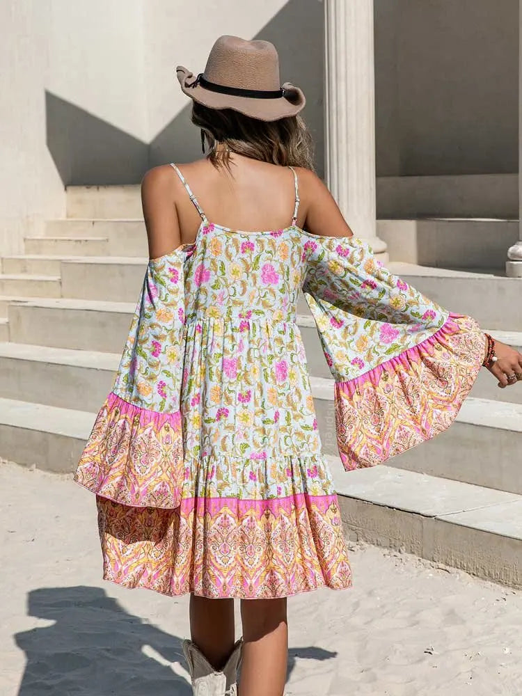 Boho Inspired floral print rayon mini boho dress for women off shoulder V-neck half sleeve bohemian boho beach summer dress 2023