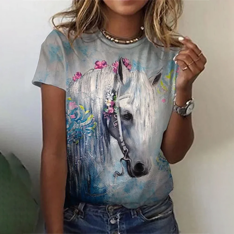 Summer Horse 3D Print T-shirts Women Streetwear Casual Fashion Oversized Short Sleeve T Shirt O-neck Kids Tees Tops Clothing