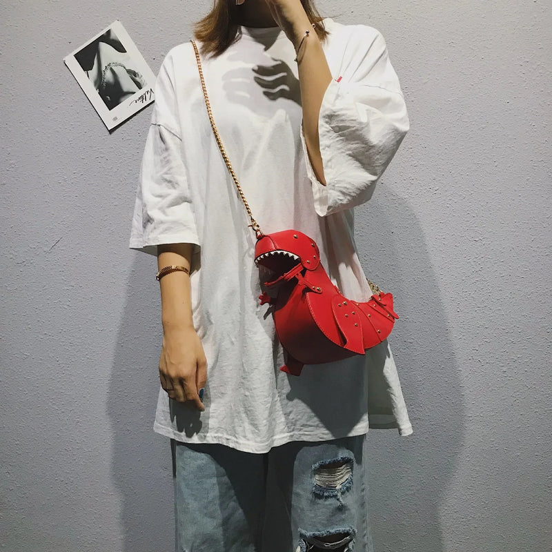 the DINO-MYTE - Trend Fashion 3D Dinosaur Design Rivets PU Leather Chain Purse, Shoulder Bag Tote, Crossbody Mini Messenger Bag