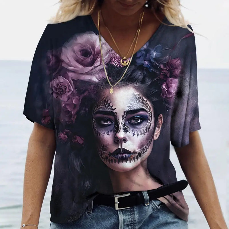 2023 Vintage Skull Face Women's T Shirt Tops V Neck Casual Cotton Short Sleeve Pullover Summer Female Harajuku Punk Streetwear