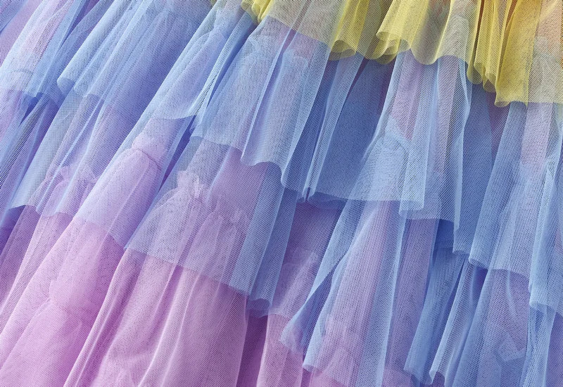 Women's Tulle Skirt Ruffle Multilayer Mesh A Line Tier Tutu Prom  Irregular High Waisted Gradient Rainbow TulleLong Skirt