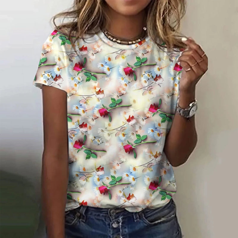 2024 Top Women Flower Printed Women's T-Shirt Oversized T-Shirt Popular Clothes Women Clothing Short Sleeve Tee Blouse