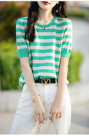 the CASHMERE - Sweater Short Sleeved Striped Sweater Pullover Knitted Cashmere Sweater for Women