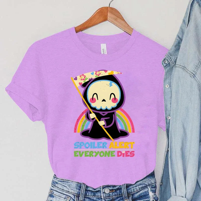 Skull T-shirts Women Cartoon Rainbow Tshirts SPOILER ALERT Everyone Dies Print Women's Clothing Vintage90s Sickle Women T-Shirts