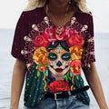 2023 Vintage Skull Face Women's T Shirt Tops V Neck Casual Cotton Short Sleeve Pullover Summer Female Harajuku Punk Streetwear