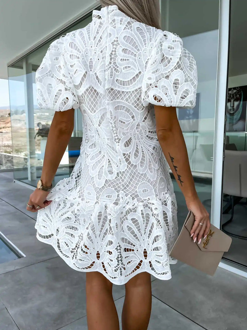 Elegant Stand Collar Puff Sleeve Solid Color Women Dresses Sexy Lace Hook Flower Hollow Short Dress Summer New Casual Robe Femme