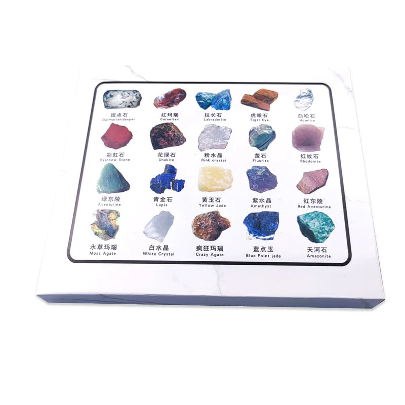 the GEM GIFT BOX - 1 Box Gift Raw 20 PCS Gemstones Collectible Sample Home Student Decoration Ore Mineral Specimen Quartz Crystal Polished Stone