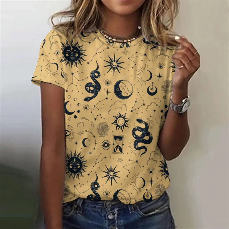 3D Printed Sun Stars Moon T Shirt For Women Starlit Sky Graphic Tees Summer Casual Loose T-Shirts Round Neck Tops Short Sleeves