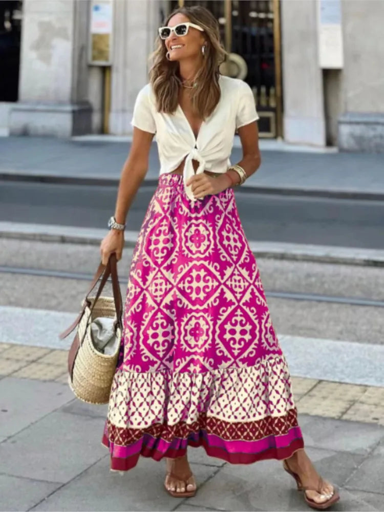 Boho Women Long Floral Skirts Summer Autumn Loose Casual Skirt Fashion Elastic Waist Big Hem Long Beach Skirt Women Clothes