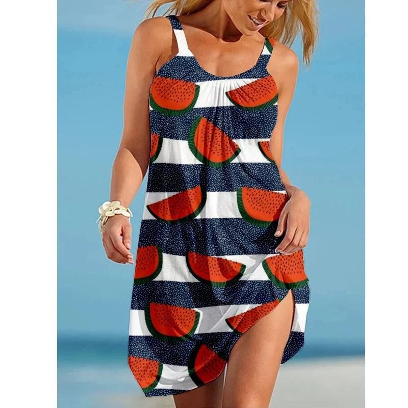 Summer new 3D printed watermelon print sexy women's dress midi sleeveless dress retro women's suspender bohemian street clothing