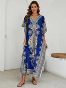 the BOHO SMOCK - Bohemian V-Neck Short Sleeve Beach Smock Summer Loose Casual Sunscreen Print Boho Long Dresses For Women