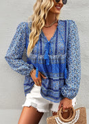 the BAGGY BOHO - Boho Floral Blouse V-Neck Tassel Long Sleeve Bohemian Summer Fashion Shirt for Women