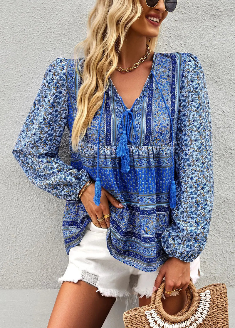 Boho lnspired Pink Floral Blouse Women V-neck Tassel Long Sleeve Bohemian Women Tops New Summer Fashion  Blouse Shirt For Women