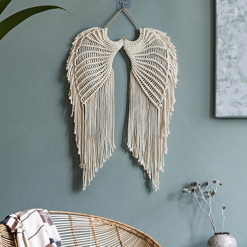 the ANGELIC WINGS - Angel Wing Hanging Tapestry, Cotton Angel Wings Tapestry with Long Tassels, Woven Macrame Tapestry Wall Hanging Decor Rustic Art