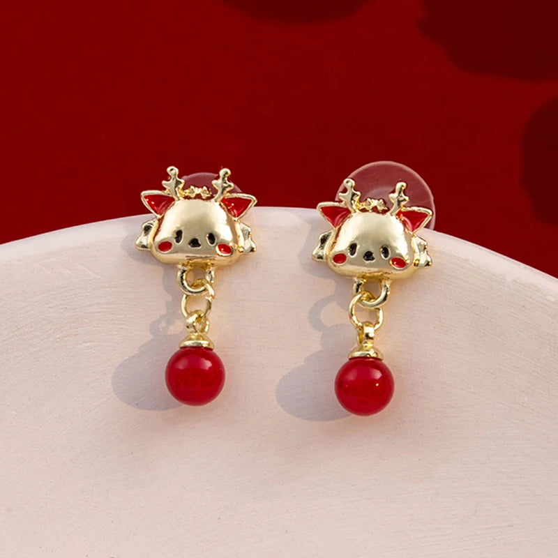 the GOOD FORTUNE - Chinese Style Red Little Lion Bell Pendant Earrings for Women, The Year of The Dragon Festive Jewelry Gifts