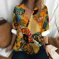 Women's Long Sleeved Shirt Van Gogh's Oil Painting Print Sunflower Pattern Clothing Loose Lapel Top Women's Party Fashion Shirt