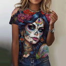 the SUGAR SKULL SENORITA - Women's Fashion Casual Sexy Short Sleeve Horror Undead Skull Pattern Oversized T-Shirts