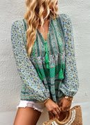 the BAGGY BOHO - Boho Floral Blouse V-Neck Tassel Long Sleeve Bohemian Summer Fashion Shirt for Women