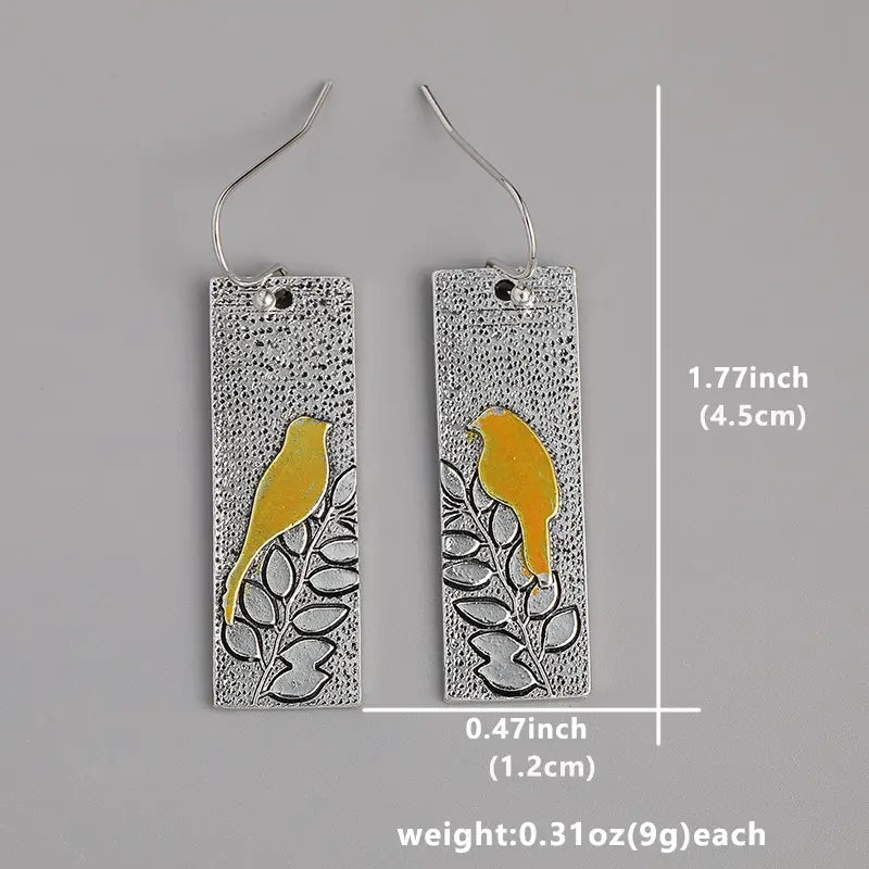 the BIRD WATCHER - Delicate Earrings for Women Square Bird Animal Silver Color Metal Inlaid Dangle Earrings Jewelry Trendy Female Gift