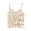 the DAINTY DAMSEL - Women Vintage V-Neck Vest Tops Summer Sleeveless Crochet Tops Hollow Lace Knitted Sling Camisole Tops