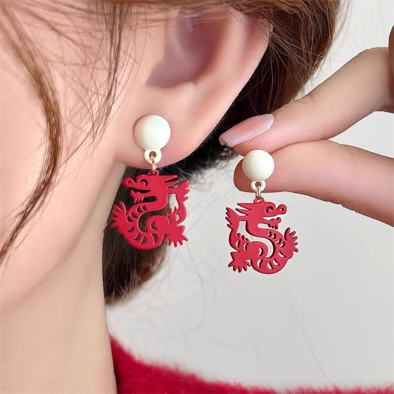 the GOOD FORTUNE - Chinese Style Red Little Lion Bell Pendant Earrings for Women, The Year of The Dragon Festive Jewelry Gifts