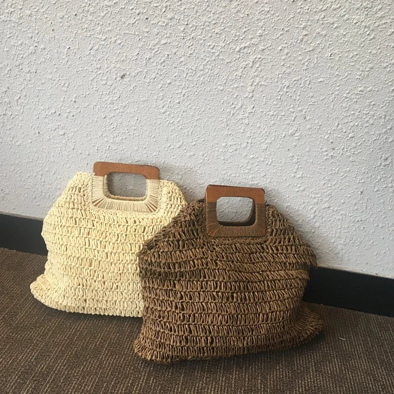 the WOVEN BAG - Straw Bag Rattan Woven Round Tassel Handbag for Women, Large Capacity Shoulder Tote Purse, Ladies Holiday Wood Handle Shopping Bag