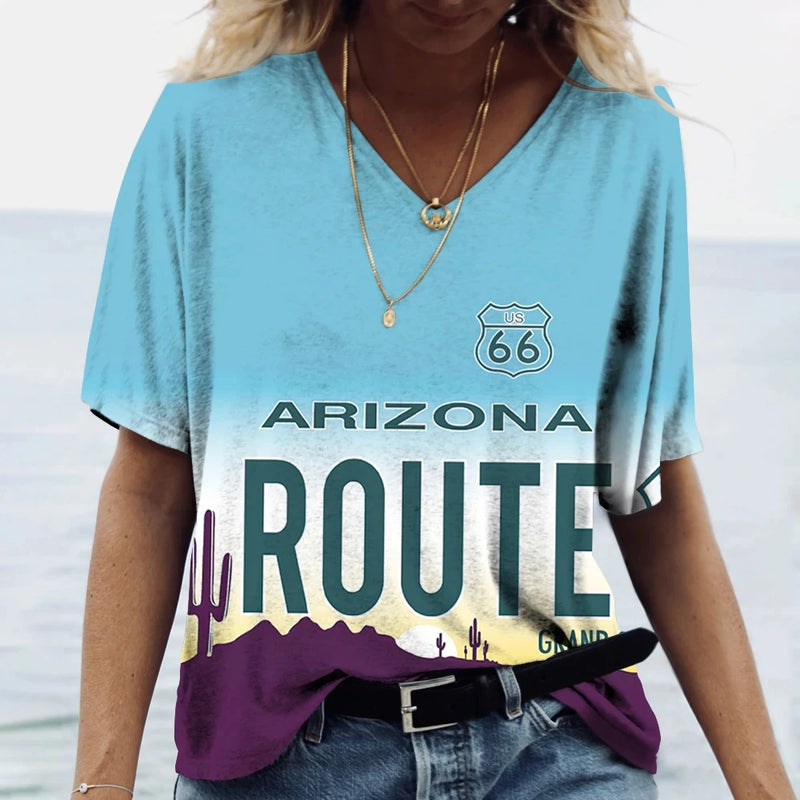 Hot US Route 66 Pattern 3D Print Women's V-Neck T-shirts Casual Lady Short Sleeve Oversized Pullover Fashion Tops Women Clothes