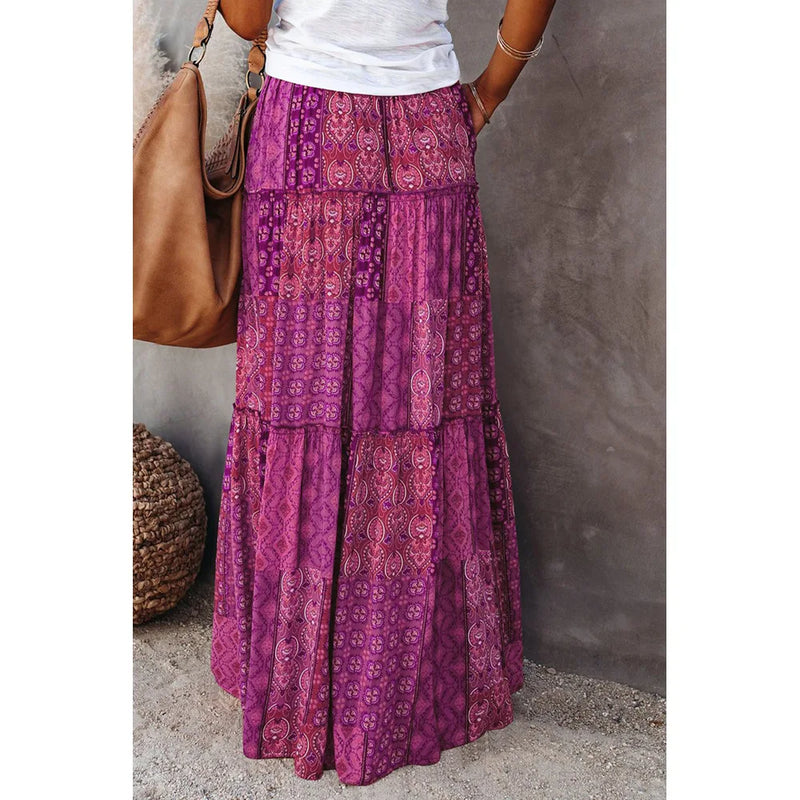 New Long Skirt Retro Skirt Loose Casual High Waist Skirt Bohemian Style Patchwork Pleated Pocket Skirt