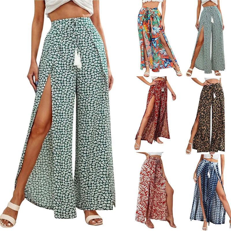 Fashion Printed Wide Leg Pants Women Culottes Front Split Bloomers Palazzo Pants Beach Style Cover Ups Women Wide Leg Trousers