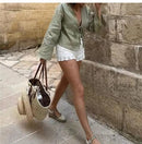 the BOHO TIE - Female Street Tops Linen Lace Up Long Sleeve Fashion Chic Casual Loose V-Neck Shirt