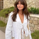 the BOHO TIE - Female Street Tops Linen Lace Up Long Sleeve Fashion Chic Casual Loose V-Neck Shirt