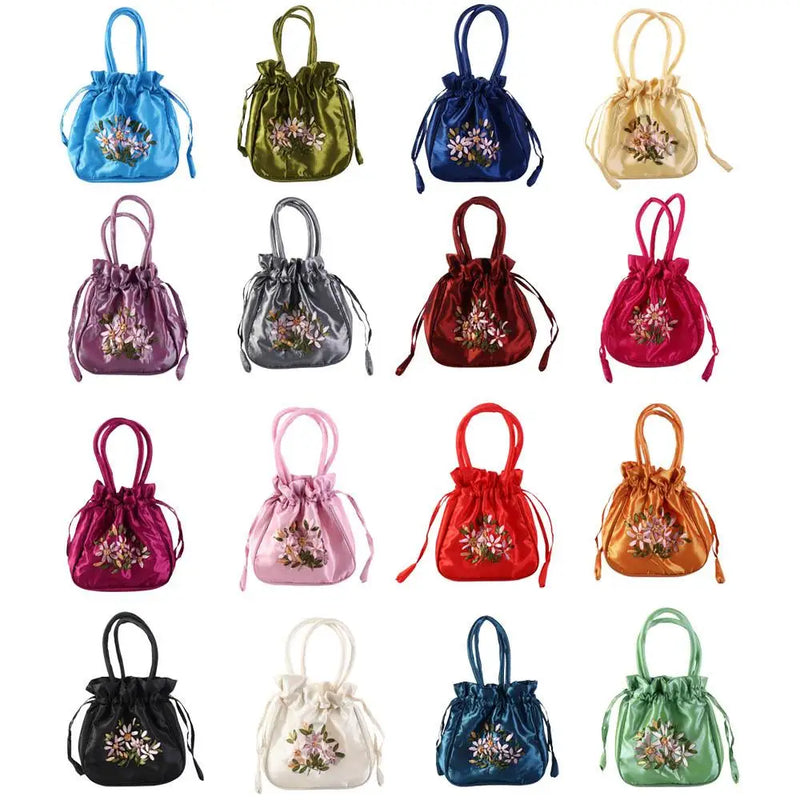 the SATCHEL - Retro Elegant Satin Silk Embroidery Totes for Women, Floral Drawstring Handbag, Woman Purse/Wallet Small Tote Bags