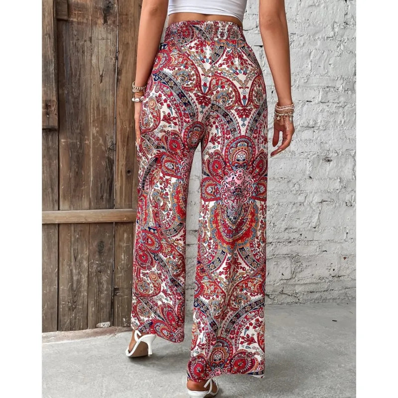 Women's Pants 2024 Summer New Fashion Versatile Printed Elastic Waist Wide Leg Pants Retro Ethnic Style Elastic Waist Trousers