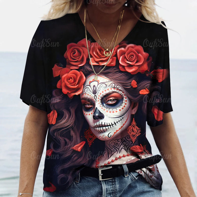 2023 Vintage Skull Face Women's T Shirt Tops V Neck Casual Cotton Short Sleeve Pullover Summer Female Harajuku Punk Streetwear