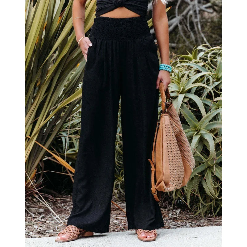 TEELYNN Casual High Elastic Waist Cotton Linen Pants Women Boho Beach Wear Wide Lag Pants Loose Oversize Casual Pants XXXL Size