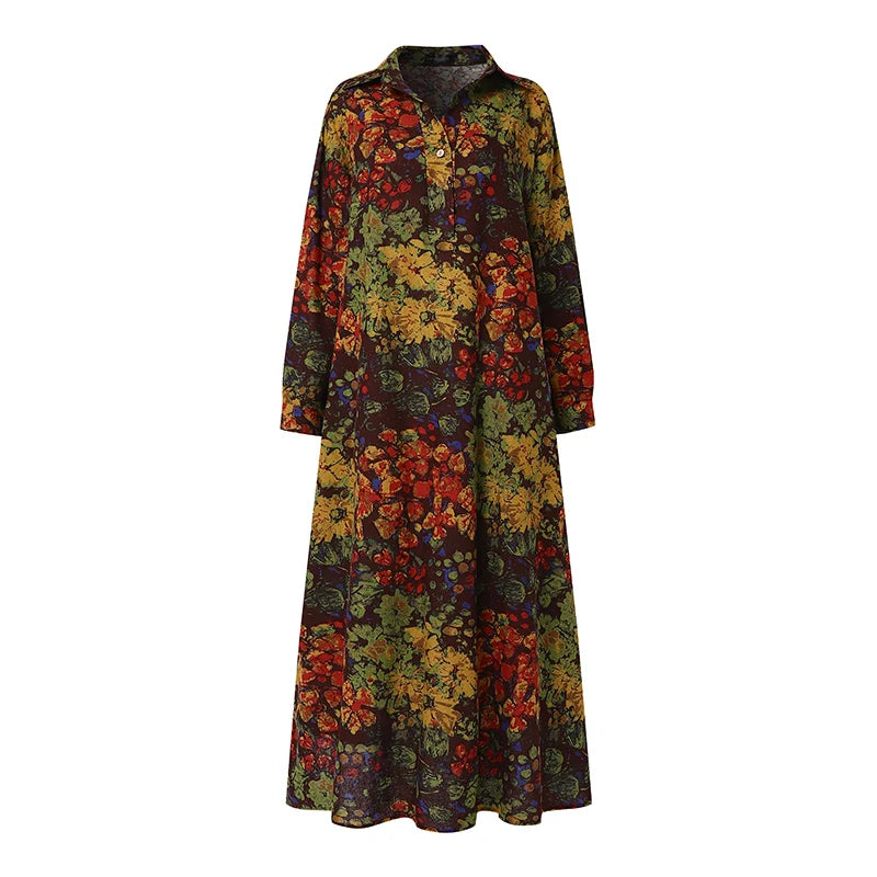 ZANZEA Floral Printed Long Sleeve Cotton Maxi Dress Women Spring 2025 Loose Casual Lapel Neck Shirtdress Streetwear Long Vestido