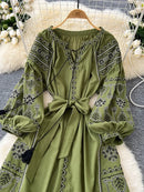 the INDIE BOHO - Bohemian Retro Ethnic Style Spring Autumn Embroidered Lace Up Lantern Sleeves Waist Cinching Long Dress