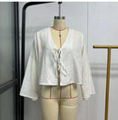 the BOHO TIE - Female Street Tops Linen Lace Up Long Sleeve Fashion Chic Casual Loose V-Neck Shirt