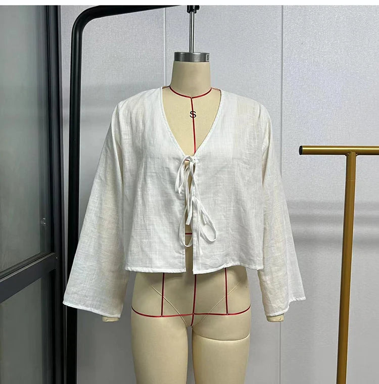 Epligg 2025 Spring New Female Street Tops Green Linen Lace Up Long Sleeve For Women Fashion Chic Casual Loose V Neck Shirt