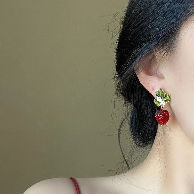 the STRAWBERRY FIELDS - Delicate Red Strawberry Flower Drop Earrings for Women, 3D Simulated Fruit Green Leaves Earrings