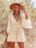 White Lace Tunic Sexy Deep V Neck Button Bikini Cover-ups Women Clothes 2025 Summer Sexy Ruffles Long Sleeves Mini Dress A1132