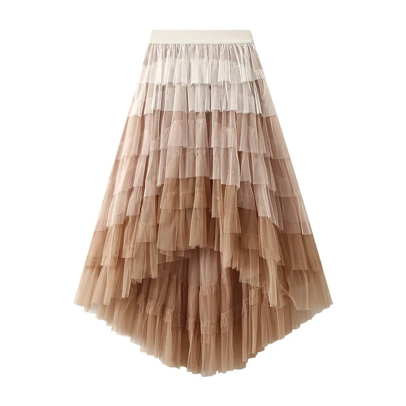 Women's Tulle Skirt Ruffle Multilayer Mesh A Line Tier Tutu Prom  Irregular High Waisted Gradient Rainbow TulleLong Skirt