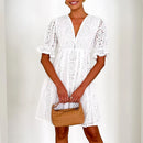 the EYELET DRESS - Sexy Summer V-Neck Short Sleeve Beach Summer Loose Pleated A-Line Lace Hollow Solid Color Dress